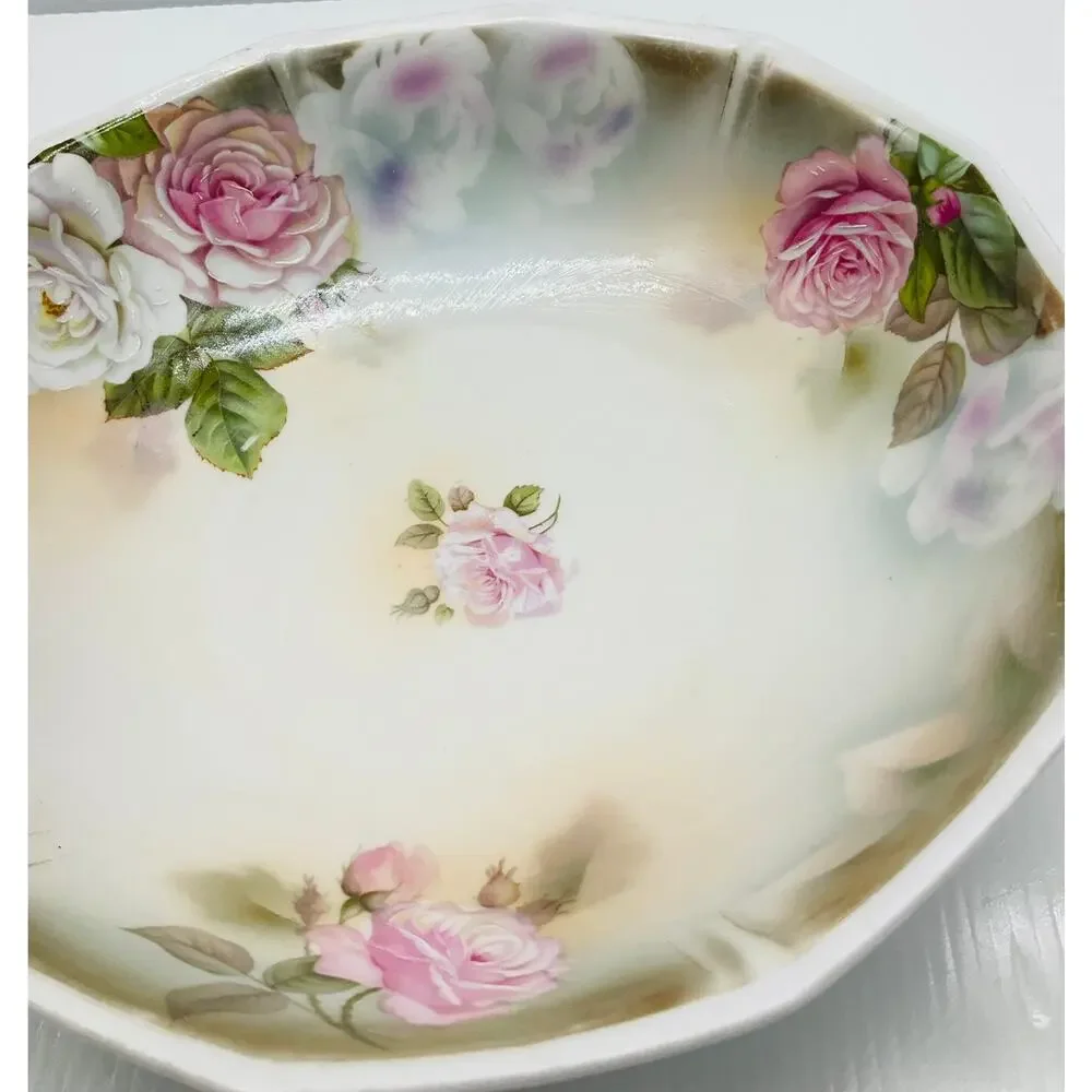 Antique Porcelain Serving Bowl Pink White Roses Scalloped Hand Painted